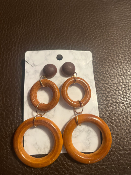 Wood Circle Long Drop Earrings