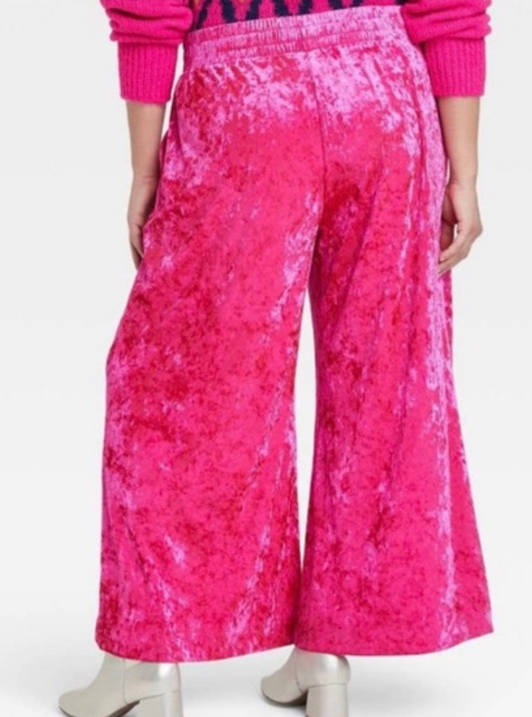 Fuchsia Crushed Velvet Wide Leg Pants 1x
